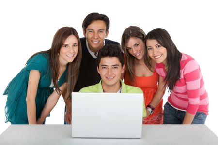 Group of people with a laptop - isolated over a white background