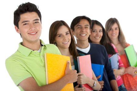 Group of students in a row holding notebooks ? isolated over a white background