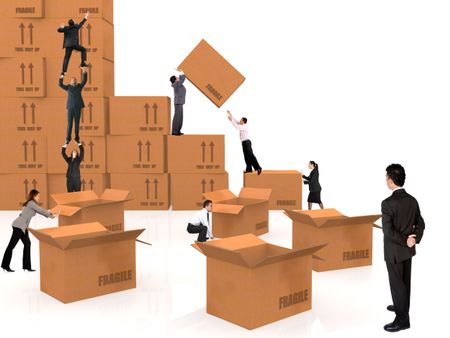 group of business people piling up boxes - isolated over a white background