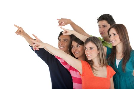 Group of people pointing away - isolated over a white background