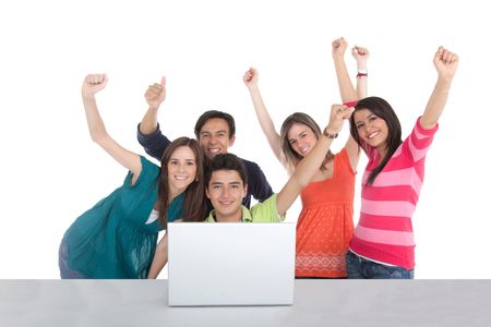 Excited group of people with a laptop - isolated