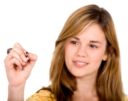 female drawing on a screen over a white background