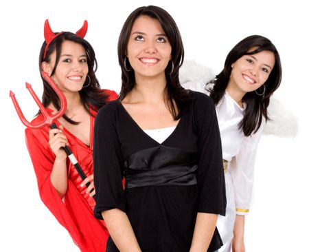 good or evil girl over a white background with an angel on one side and a devil on the other