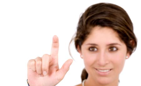 business woman touching the screen with her finger isolated over a white background
