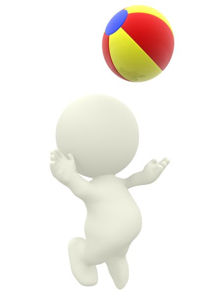 3D person smashing and jumping with a beachball isolated over white