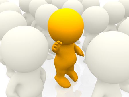 3D person standing out in a crowd - isolated over a white background