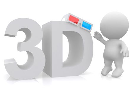 3D person reaching glasses on a 3d sign isolated over white