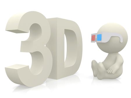3d person wearing sunglasses in front of a 3d sign - isolated over white