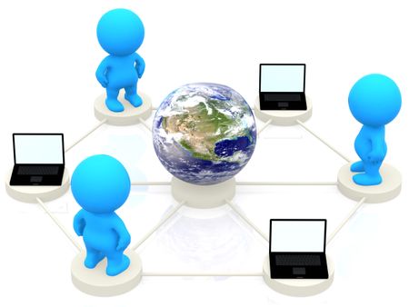 3D people and computers networking around the world - isolated over white