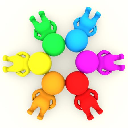 Group of 3D colourful people making a circle with their heads together on the floor - isolated over white