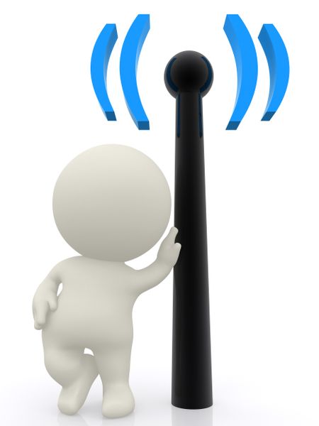 3D person with hand on a wireless sign - isolated over a white bckground