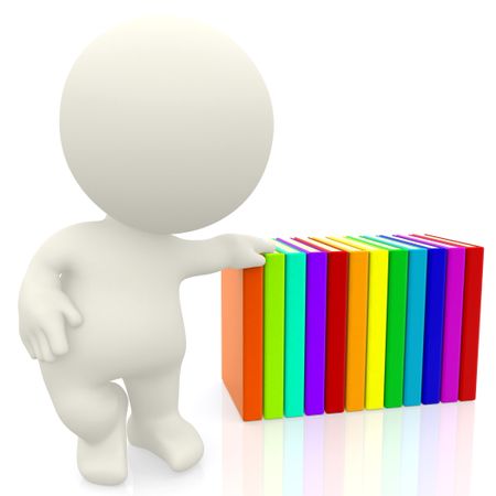 3D person with hand on colourful books isolated over a white background