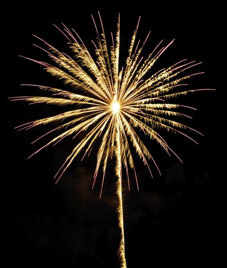 Single burst of fireworks with rocket trail, feathery motion blur, and pink tips