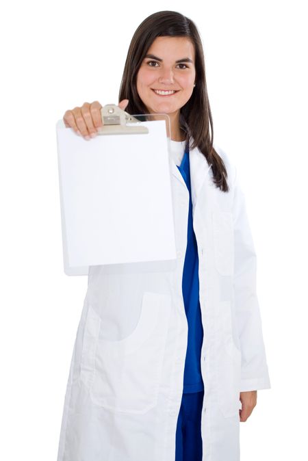 friendly female doctor holding a notepad isolated over a white background