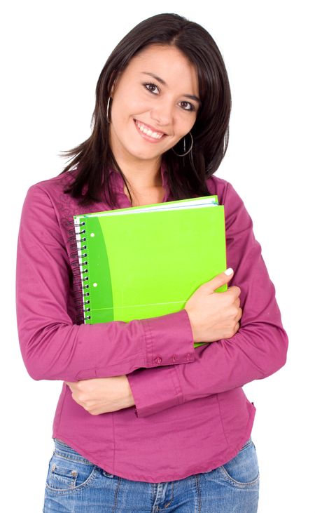 female student carrying notebooks over a white background