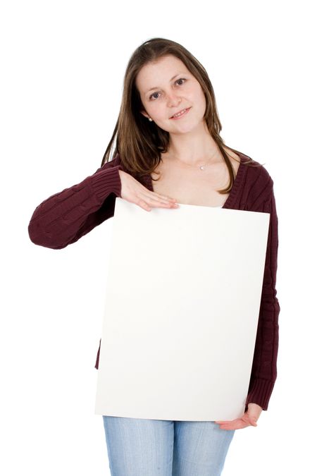 casual girl holding a piece of cardboard - isolated over a white background