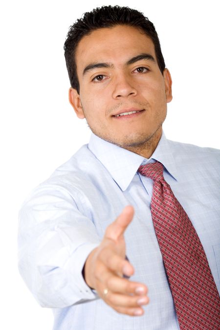 business man extending his hand to offer a deal - isolated over a white background
