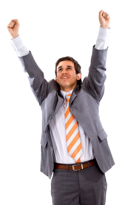 business man with arms up due to his success and his victory - isolated over a white background