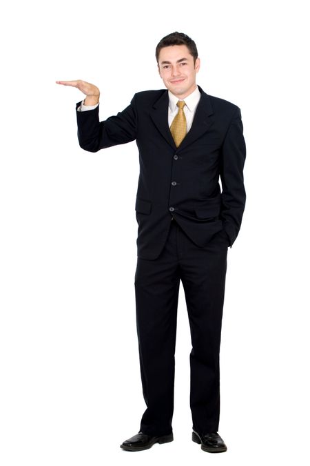 business man showing something next to him - isolated over a white background