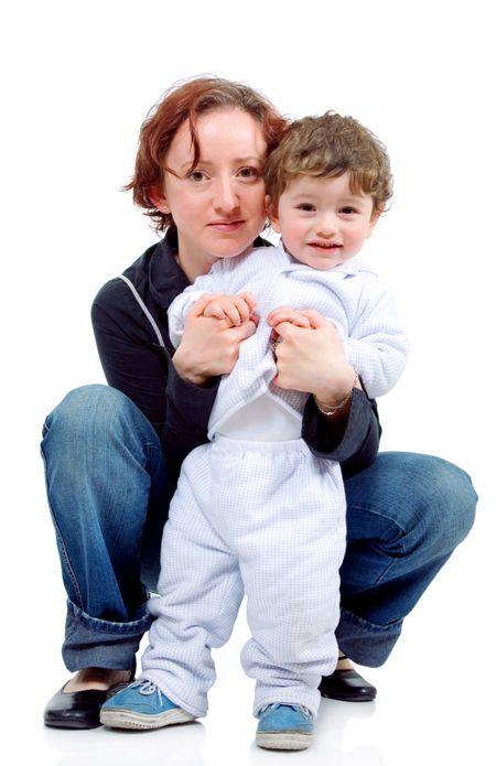 mother and son isolated over a white background