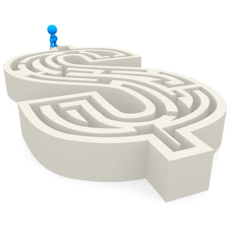 3D man in a dollar labyrinth isolated over a white background