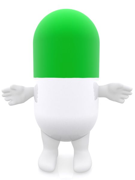 3d pill with arms and legs isolated over a white background