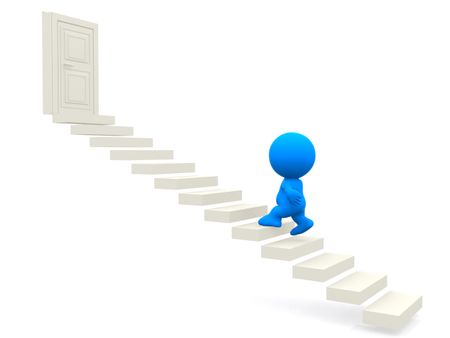 3D man going upstairs toward a closed door isolated over white