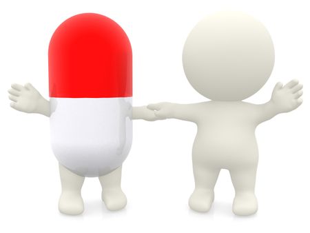 3d man and pill holding hands isolated over a white background
