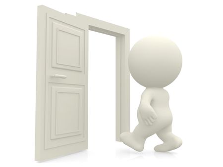 3D man walking through door isolated over white