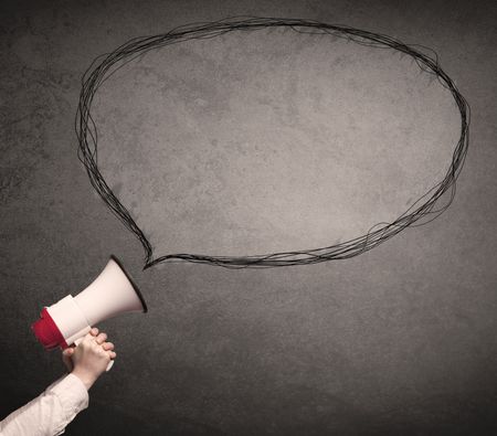 Caucasian business hand holding megaphone with drawn empty speech bubble