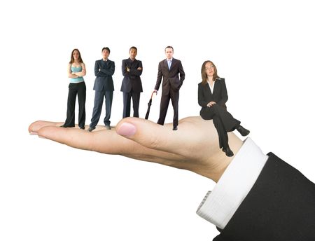 hand of a woman over white facing up with business people on it