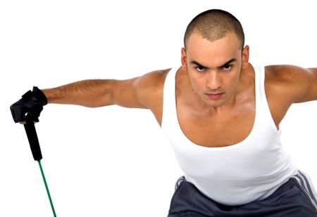 fitness guy training with resistance cords isolated over a white background
