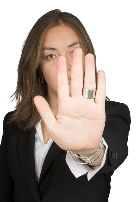 business woman doing a "stop" sign with her hand