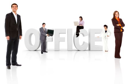 Business people with word office in 3D - isolated over a white background