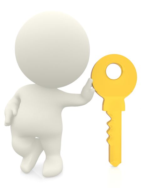 3D character leaning on a key isolated over a white background