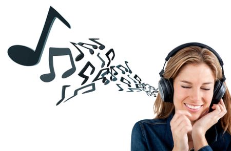 Woman with headphones listening to music - isolated over a white background