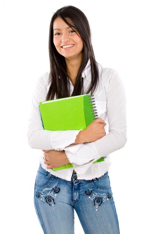 female student smiling while carrying notebooks isolated over a white background