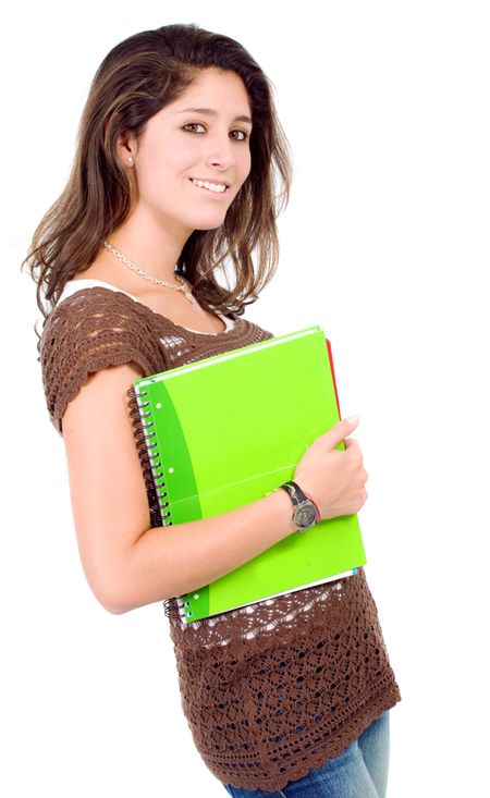 female student carrying notebooks over a white background