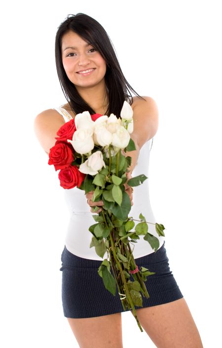 beautiful girl holding flowers smiling isolated over a white background