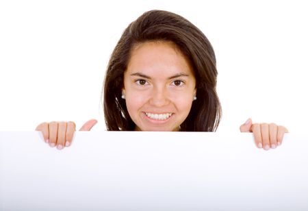 girl smiling with banner add isolated over a white background