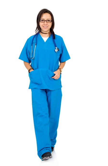 female nurse in wearing her blue uniform walking - isolated over a white background
