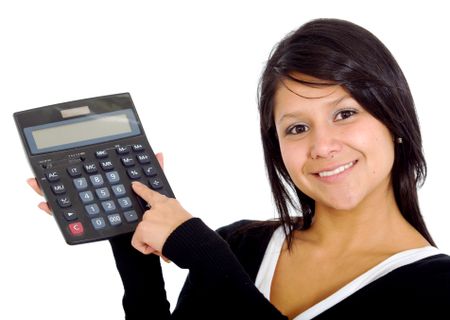 female accountant holding a calculator isolated over a white background