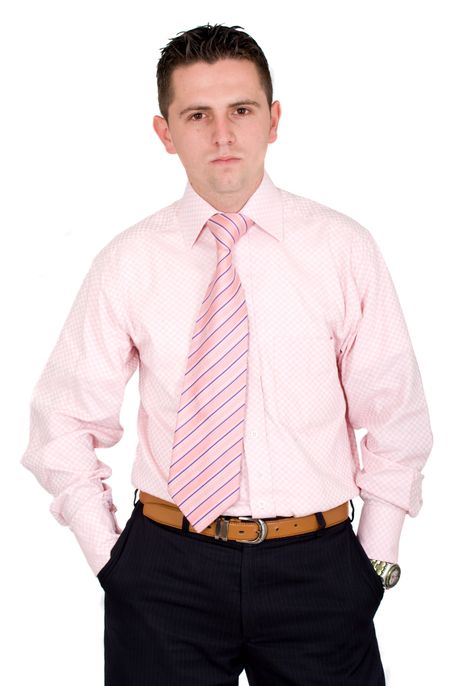 confident business man portrait wearing a pink shirt - isolated over a white background