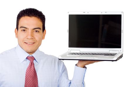 business man displaying laptop isolated over a white background