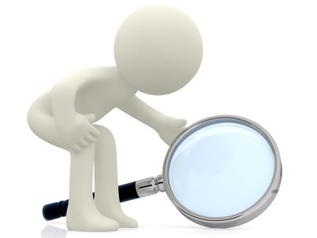 3D character looking through a magnifying glass - isolated over a white background