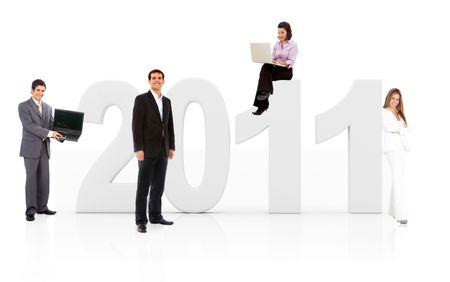 Business people with the year 2011 in 3D - isolated over white