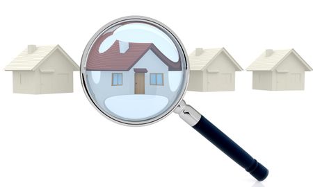 Looking for a house through a magnifying glass - isolated over white