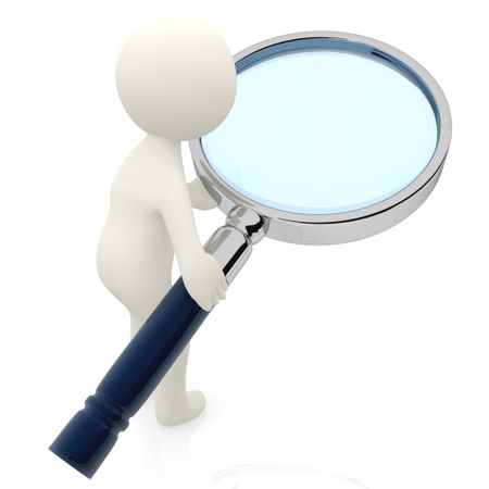 3D character looking, through a magnifying glass - isolated over a white background