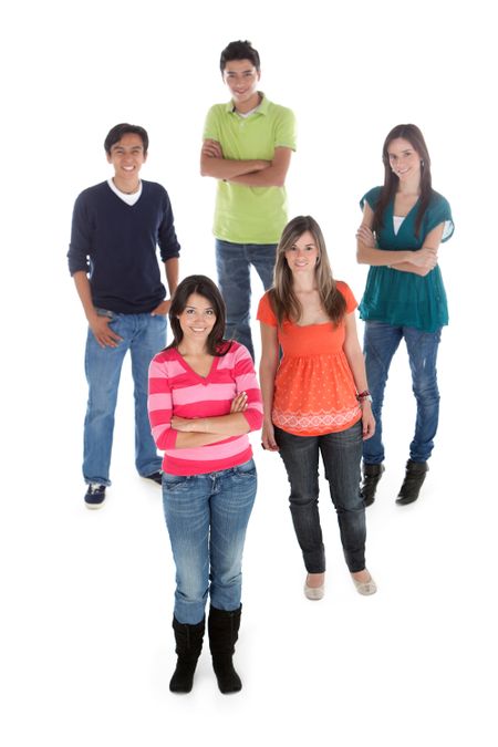 Group of young people standing over a white background