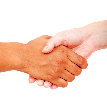 Close up of a business handshake isolated over a white background
